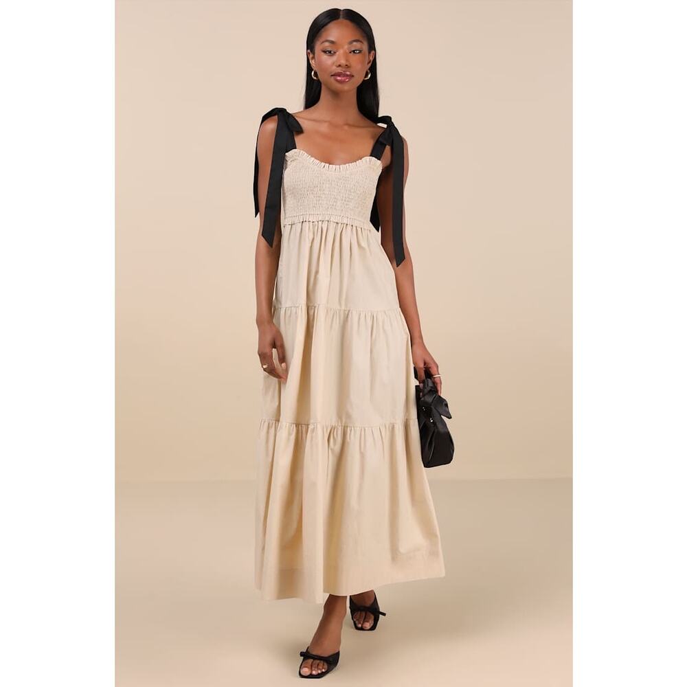 NWT Lulus Bembe Beige Tie-Strap Tiered Maxi Dress Coquette Holiday Resort Sz S - Picture 1 of 8